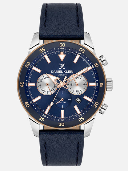 Daniel Klein Analog Dark Blue Round Dial Silver and Rose Gold Case Dark Blue Strap Quartz Water-Resistant Wrist Watch for Men Boys DK.1.14255-6