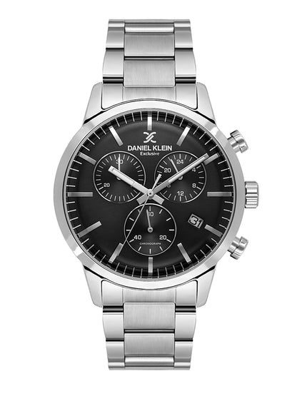 Daniel Klein Analog Black Round Dial Silver Case Silver Strap Quartz Water-Resistant Wrist Watch for Men Boys DK.1.14238-2