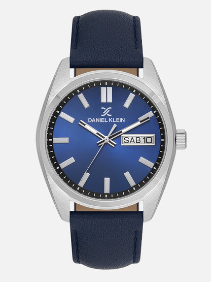 Daniel Klein Analog Dark Blue Round Dial Silver Case Dark Blue Strap Quartz Water-Resistant Wrist Watch for Men Boys DK.1.14196-3