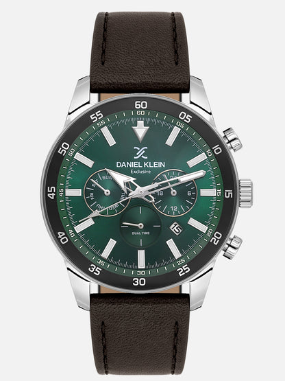 Daniel Klein Analog Dark Blue Round Dial Silver Case D.Brown Strap Quartz Water-Resistant Wrist Watch for Men Boys DK.1.14255-4