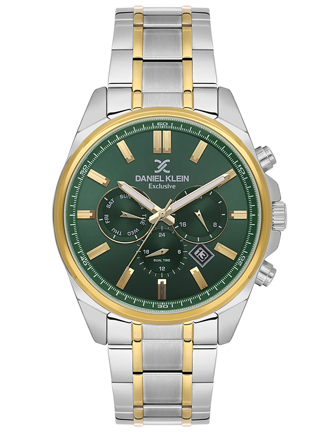 Daniel Klein Analog Dark Green Round Dial Silver Case Silver and Gold Strap Quartz Water-Resistant Wrist Watch for Men Boys DK.6.14261-3