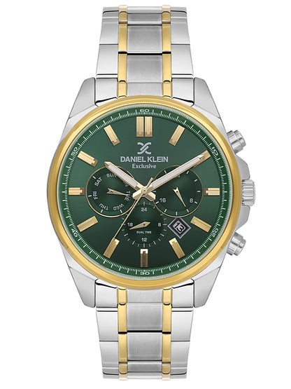 Daniel Klein Analog Dark Green Round Dial Silver Case Silver and Gold Strap Quartz Water-Resistant Wrist Watch for Men Boys DK.6.14261-3