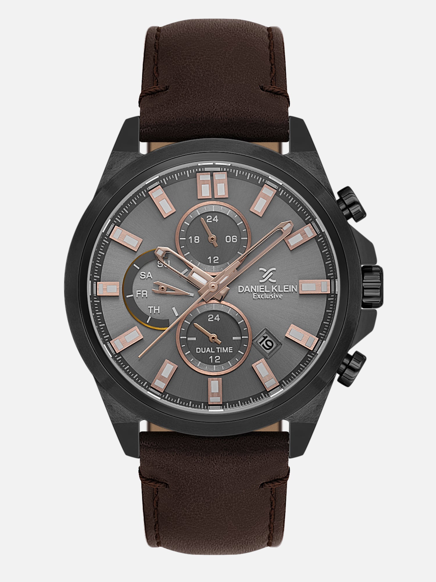 Daniel Klein Analog Cool Grey 9c Round Dial Black Case Brown Strap Quartz Water-Resistant Wrist Watch for Men Boys DK.1.14244-6