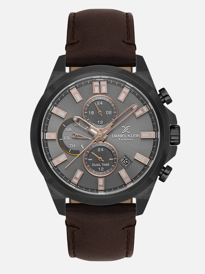 Daniel Klein Analog Cool Grey 9c Round Dial Black Case Brown Strap Quartz Water-Resistant Wrist Watch for Men Boys DK.1.14244-6