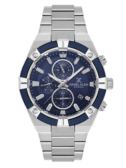 Daniel Klein Analog Blue Round Dial Silver/Blue Case Silver Strap Quartz Water-Resistant Wrist Watch for Men Boys DK.1.14242-2