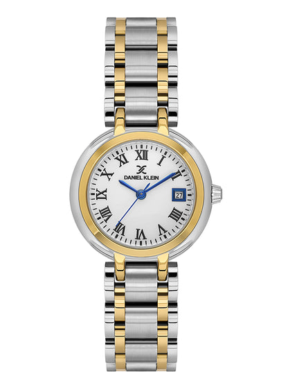 Daniel Klein Analog White Round Dial Silver and Gold Case Silver and Gold Strap Quartz Water-Resistant Wrist Watch for Women Girls, Ladies DK.1.14173-4