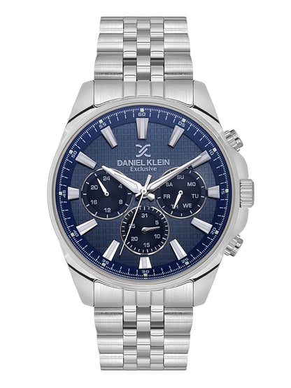 Daniel Klein Analog Dark Blue Round Dial Silver Case Silver Strap Quartz Water-Resistant Wrist Watch for Men Boys DK.1.14240-2