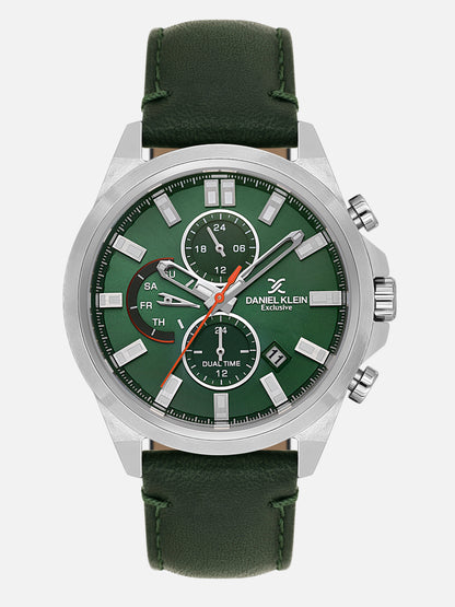 Daniel Klein Analog Dark Green Round Dial Silver Case Dark Green Strap Quartz Water-Resistant Wrist Watch for Men Boys DK.1.14244-3