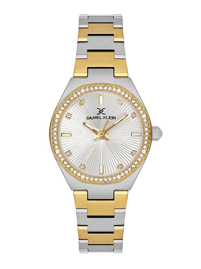 Daniel Klein Analog Silver Round Dial Silver and Gold Case Silver and Gold Strap Quartz Water-Resistant Wrist Watch for Women Girls, Ladies DK.1.14162-5