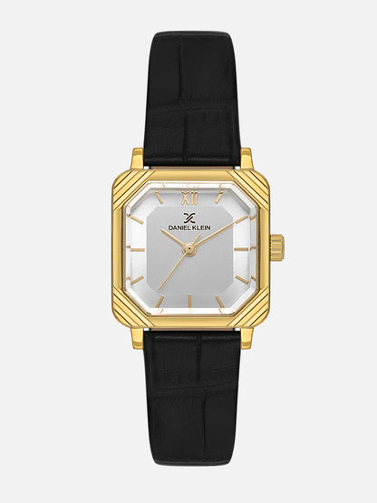 Daniel Klein Analog Silver Round Dial Gold Case Black Strap Quartz Water-Resistant Wrist Watch for Women Girls, Ladies DK.1.14154-3