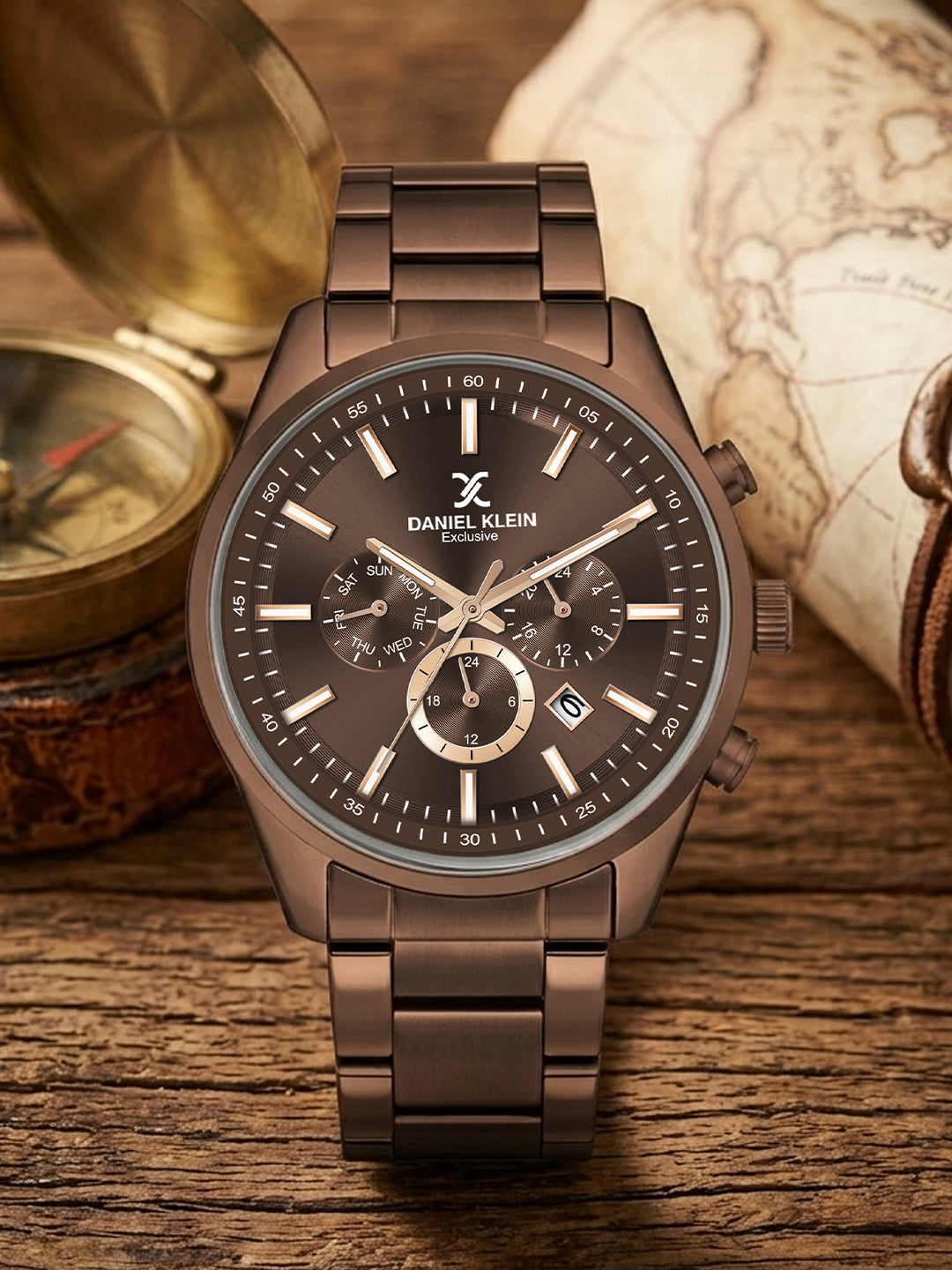 Daniel Klein men Analog Multifunction Watch | Brown Case | Brown Dial with Day Date 24-hour format | Brown Metal Strap | 44 mm | Water Resistant 3 ATM | DK.20.13348-11