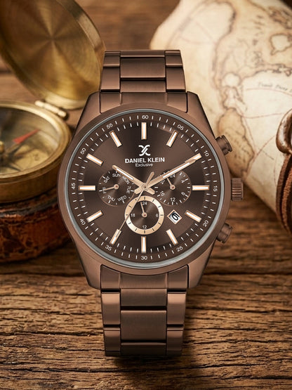 Daniel Klein men Analog Multifunction Watch | Brown Case | Brown Dial with Day Date 24-hour format | Brown Metal Strap | 44 mm | Water Resistant 3 ATM | DK.20.13348-11