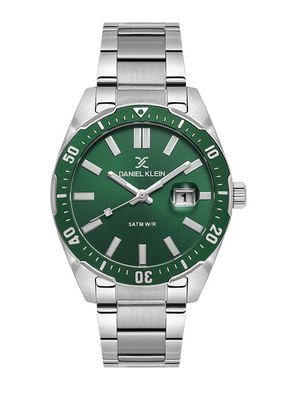 Daniel Klein Analog Dark Green Round Dial Silver Case Silver Strap Quartz Water-Resistant Wrist Watch for Men Boys DK.1.14195-3