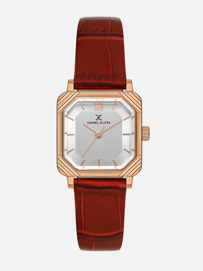 Daniel Klein Analog Silver Round Dial Pink Rose Gold Case D.Red Strap Quartz Water-Resistant Wrist Watch for Women Girls, Ladies DK.1.14154-6