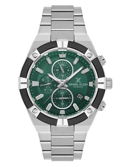 Daniel Klein Analog Dark Green Round Dial Silver/Gunmetalmetal Case Silver Strap Quartz Water-Resistant Wrist Watch for Men Boys DK.1.14242-3