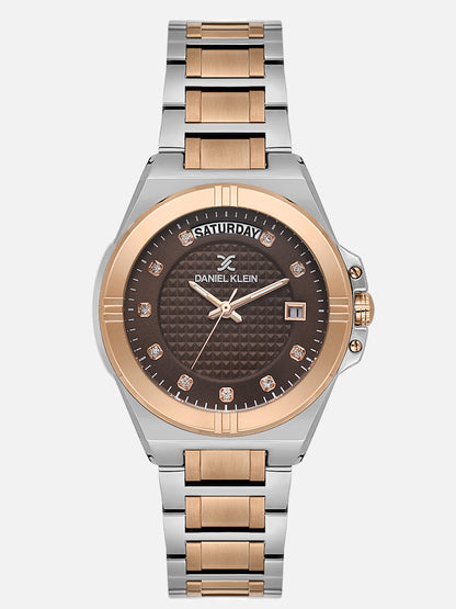 Daniel Klein Analog D.Brown Round Dial Silver and Rose Gold Case Silver and Rose Gold Strap Quartz Water-Resistant Wrist Watch for Women Girls, Ladies DK.1.14176-6
