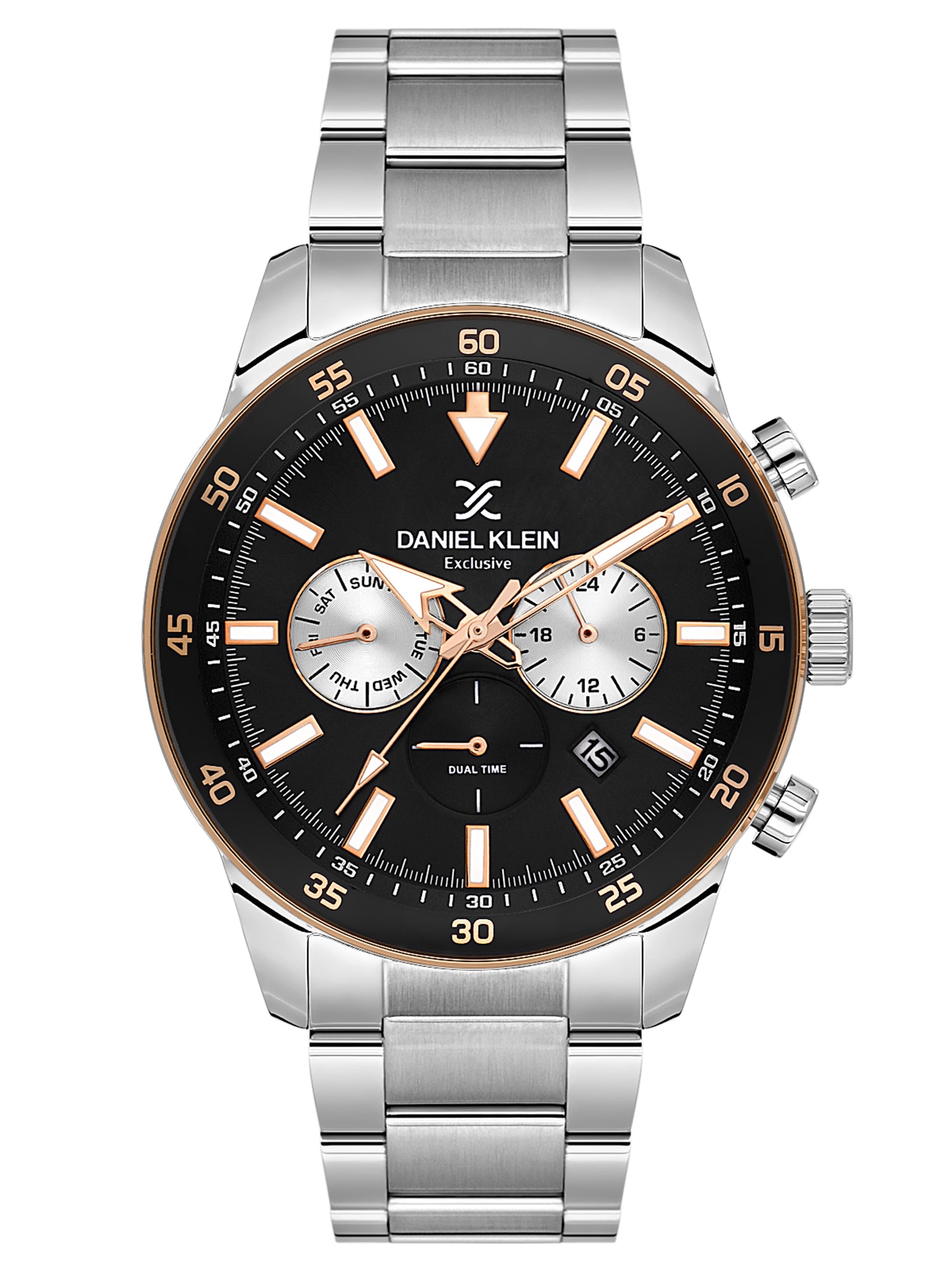 Daniel Klein Analog Black Round Dial Silver and Rose Gold Case Silver Strap Quartz Water-Resistant Wrist Watch for Men Boys DK.1.14256-4