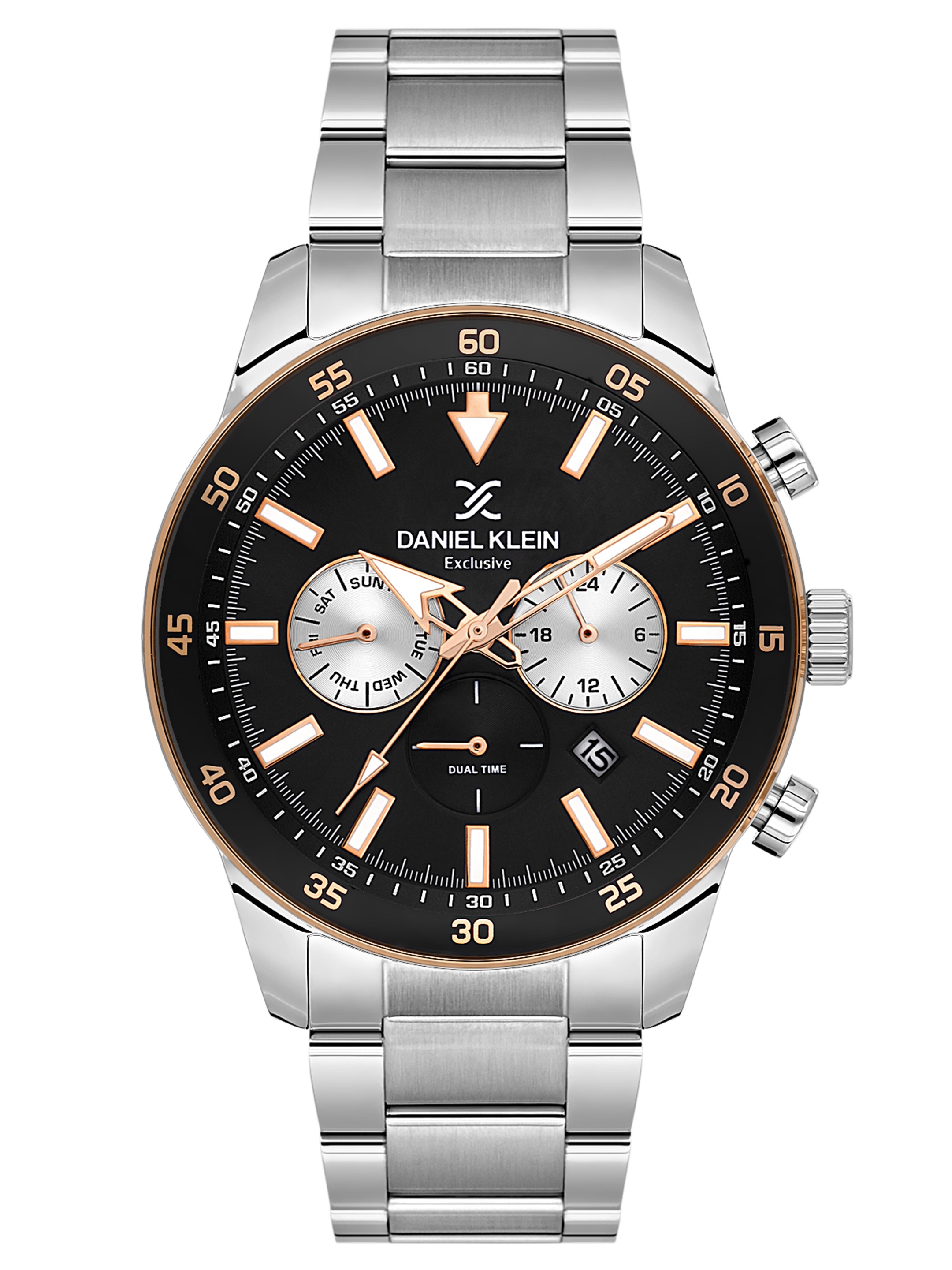 Daniel Klein Analog Black Round Dial Silver and Rose Gold Case Silver Strap Quartz Water-Resistant Wrist Watch for Men Boys DK.1.14256-4