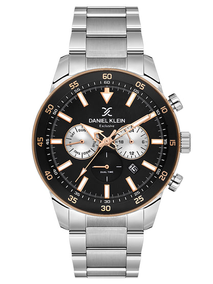 Daniel Klein Analog Black Round Dial Silver and Rose Gold Case Silver Strap Quartz Water-Resistant Wrist Watch for Men Boys DK.1.14256-4