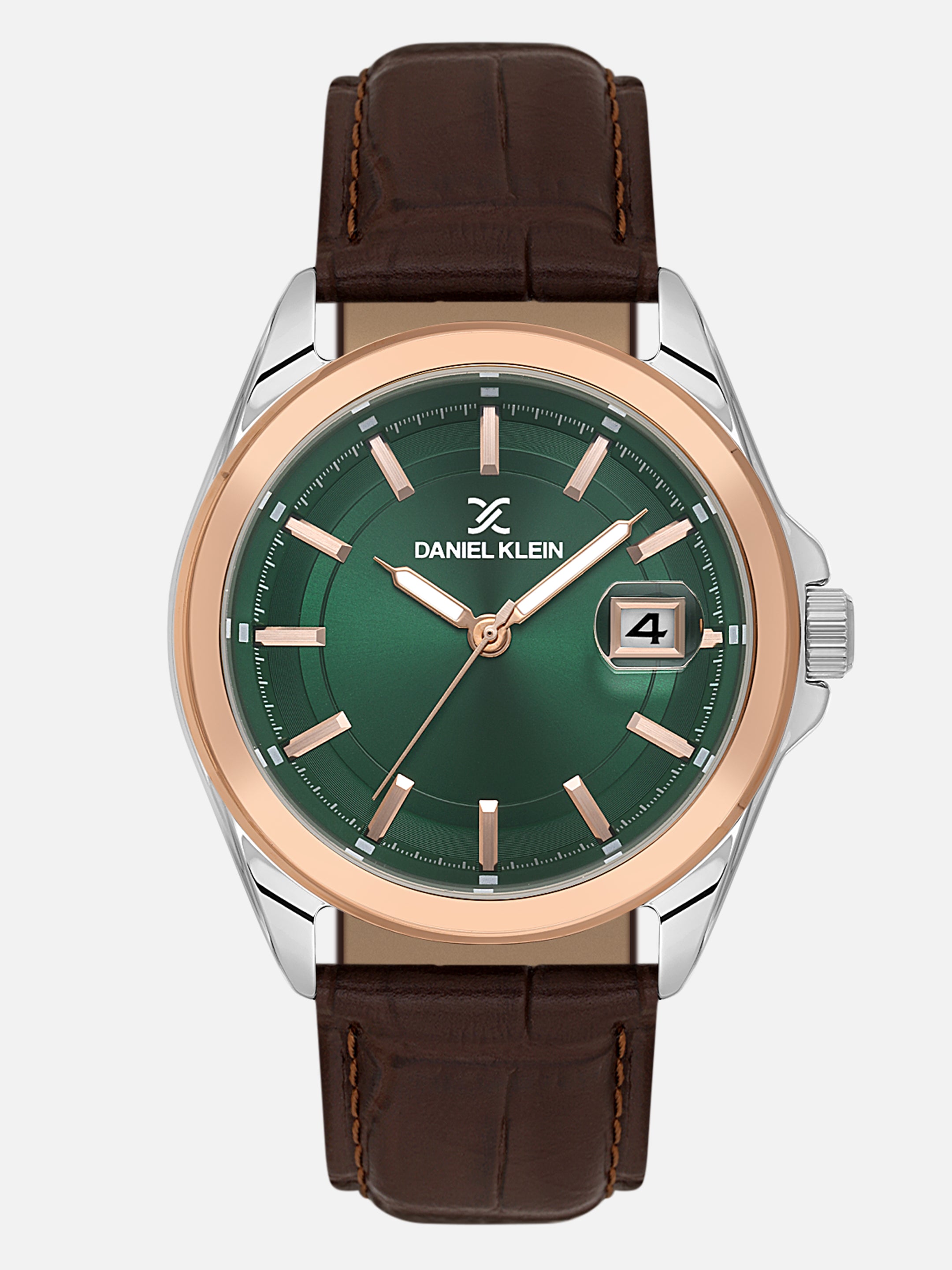 Daniel Klein Analog Dark Green Round Dial Silver and Rose Gold Case D.Brown Strap Quartz Water-Resistant Wrist Watch for Men Boys DK.6.14206-5