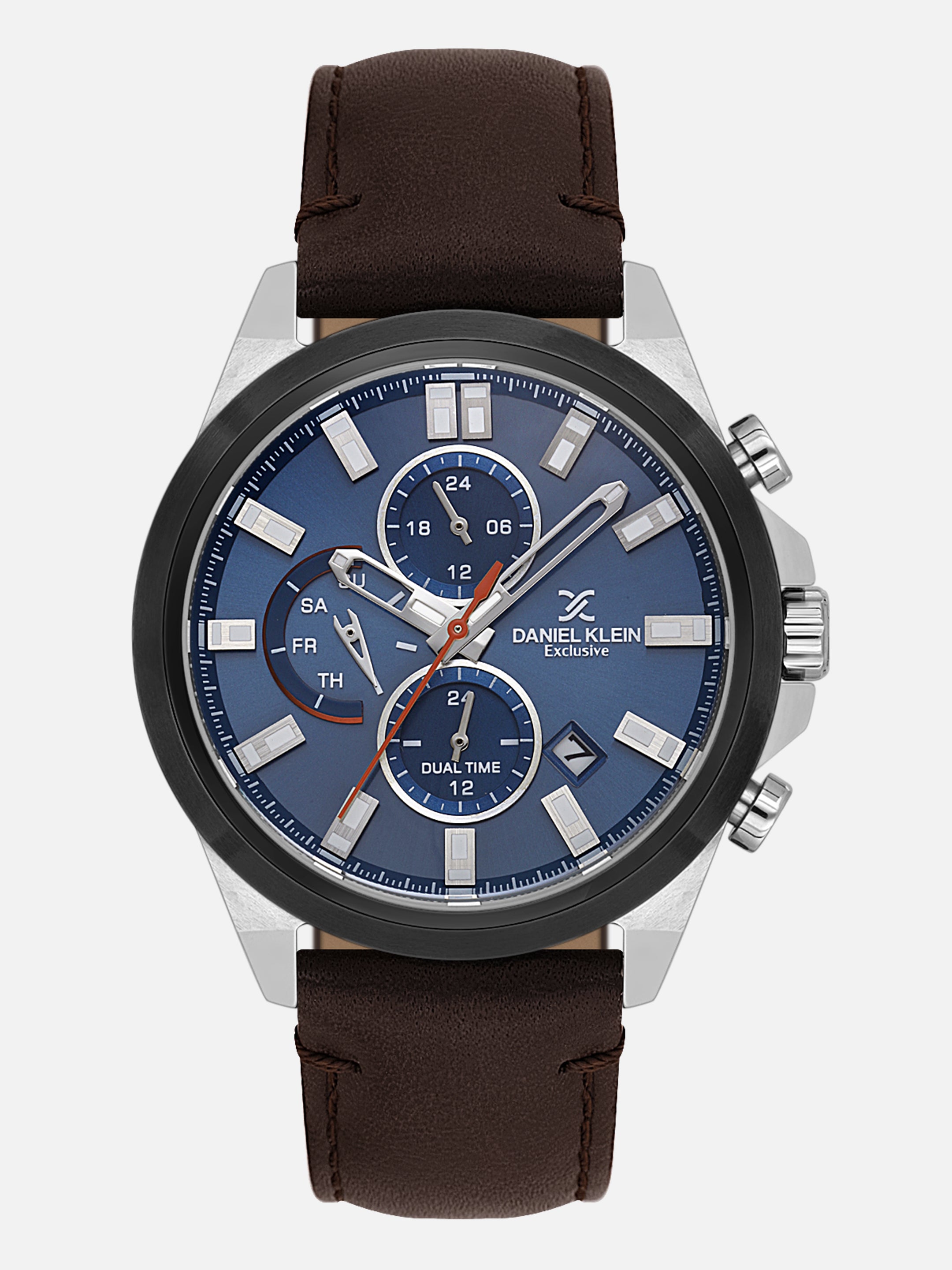 Daniel Klein Analog Blue Round Dial Silver/Gunmetalmetal Case D.Brown Strap Quartz Water-Resistant Wrist Watch for Men Boys DK.1.14244-5