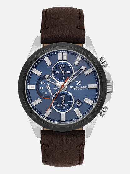 Daniel Klein Analog Blue Round Dial Silver/Gunmetalmetal Case D.Brown Strap Quartz Water-Resistant Wrist Watch for Men Boys DK.1.14244-5