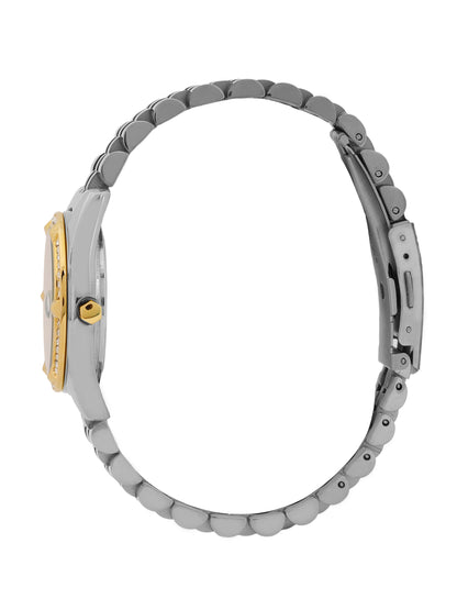 &quot;Daniel Klein Women’s Two-Tone Silver &amp; Gold Bracelet Watch – Elegant White Dial with Stone Bezel &quot;