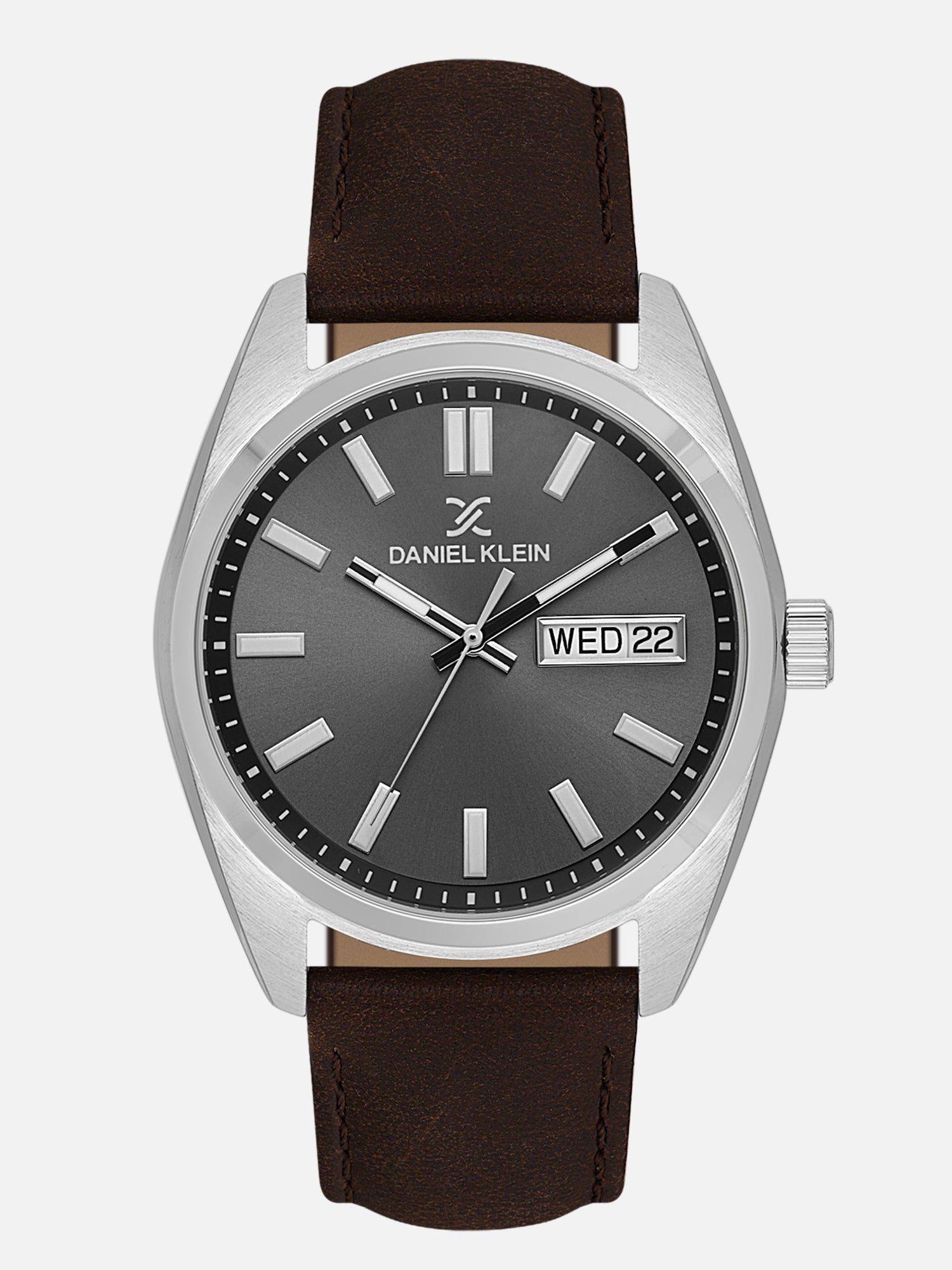 Daniel Klein Analog Gunmetal Round Dial Silver Case D.Brown Strap Quartz Water-Resistant Wrist Watch for Men Boys DK.1.14196-2