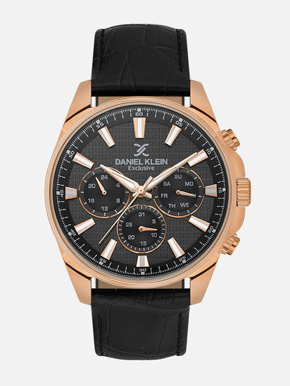 Daniel Klein Analog Black Round Dial Pink Rose Gold Case Black Strap Quartz Water-Resistant Wrist Watch for Men Boys DK.1.14239-5