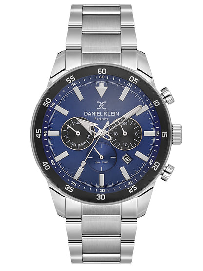 Daniel Klein Analog Dark Blue Round Dial Silver Case Silver Strap Quartz Water-Resistant Wrist Watch for Men Boys DK.1.14256-2