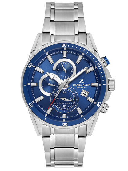 Daniel Klein Analog Blue Round Dial Silver Case Silver Strap Quartz Water-Resistant Wrist Watch for Men Boys DK.1.14247-3