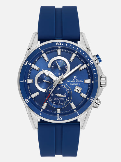 Daniel Klein Analog Dark Blue Round Dial Silver Case Dark Blue Strap Quartz Water-Resistant Wrist Watch for Men Boys DK.1.14246-3