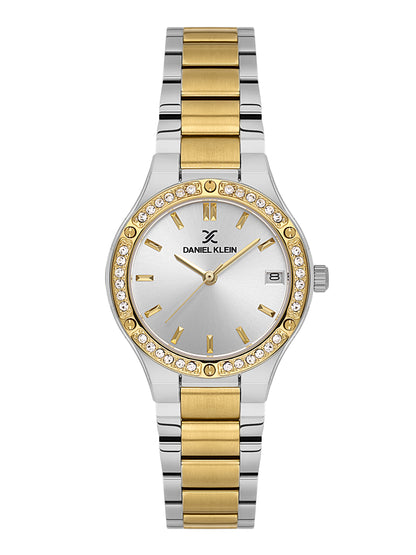 Daniel Klein Analog Silver Round Dial Silver and Gold Case Silver and Gold Strap Quartz Water-Resistant Wrist Watch for Women Girls, Ladies DK.1.14160-4