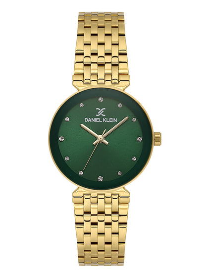 Daniel Klein Analog Dark Green Round Dial Gold Case Gold Strap Quartz Water-Resistant Wrist Watch for Women Girls, Ladies DK.1.14175-4