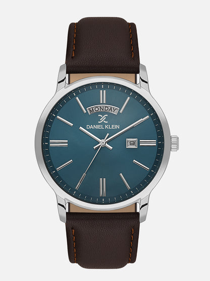Daniel Klein Analog Blue Round Dial Silver Case D.Brown Strap Quartz Water-Resistant Wrist Watch for Men Boys DK.6.14204-3