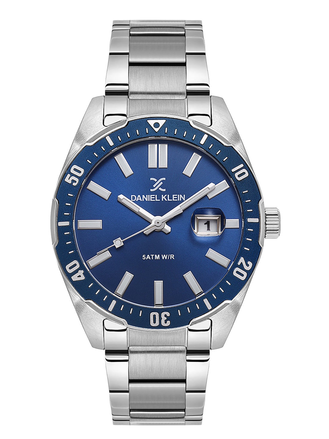 Daniel Klein Analog Blue Round Dial Silver Case Silver Strap Quartz Water-Resistant Wrist Watch for Men Boys DK.1.14195-2