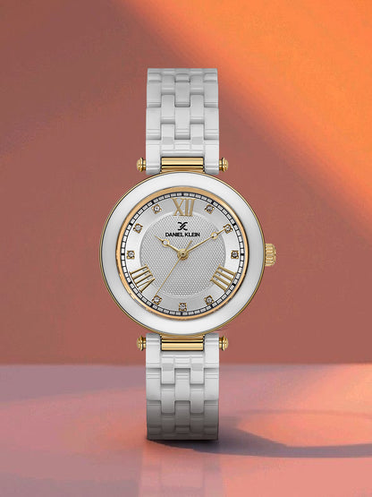 Daniel Klein Silver Dial White Strap Women’s Analog Watch DK.1.14282-4