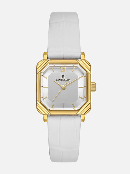 Daniel Klein Analog Silver Round Dial Gold Case White Strap Quartz Water-Resistant Wrist Watch for Women Girls, Ladies DK.1.14154-2