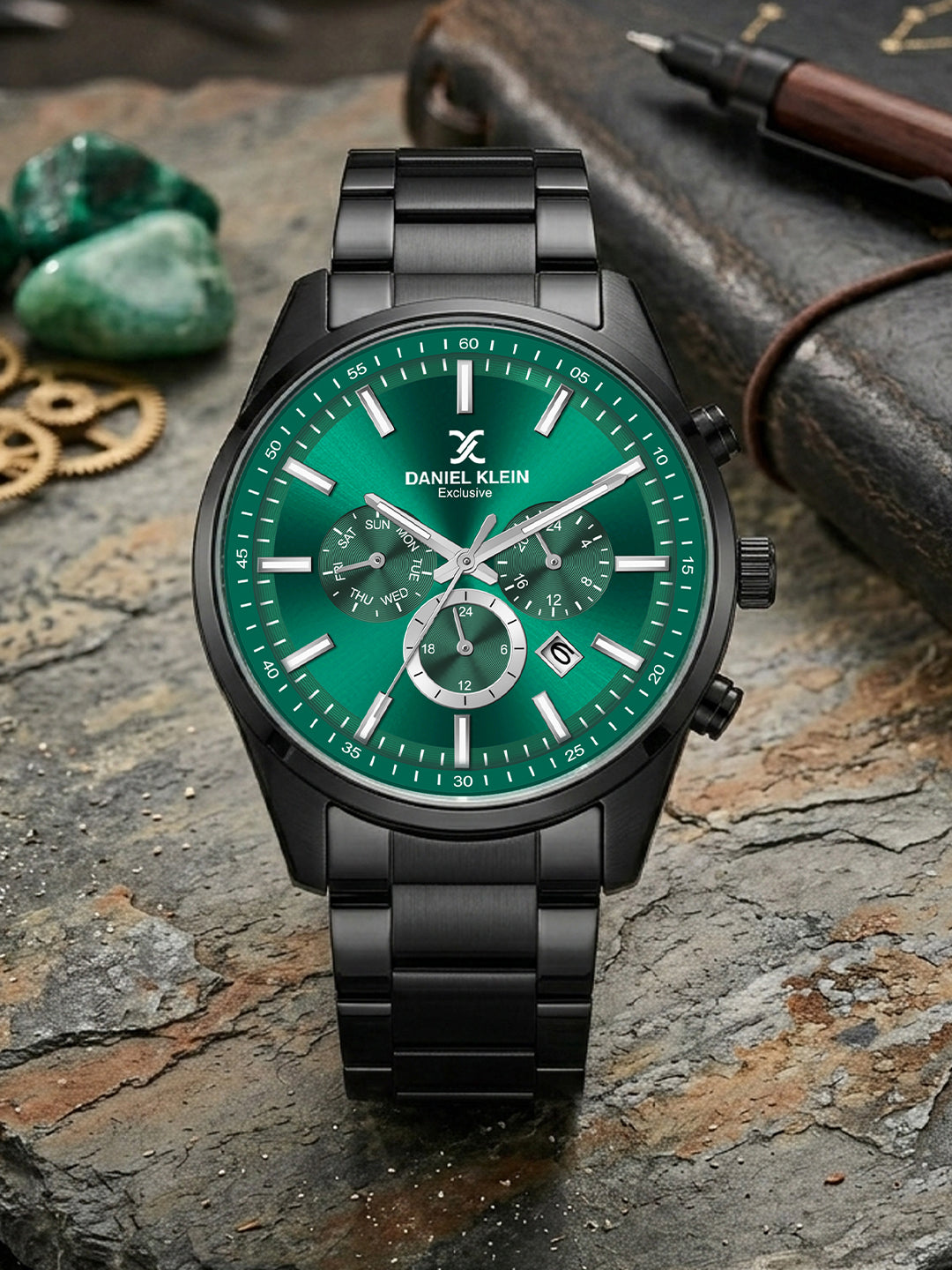 Daniel Klein men Analog Multifunction Watch | Gun Black Case | Green Dial with Day Date 24-hour format | Black Metal Strap | 44 mm | Water Resistant 3 ATM | DK.20.13348-10