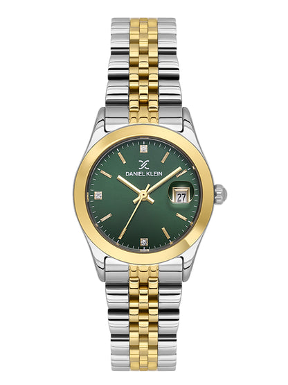Daniel Klein Analog Dark Green Round Dial Silver and Gold Case Silver and Gold Strap Quartz Water-Resistant Wrist Watch for Women Girls, Ladies DK.6.14183-4