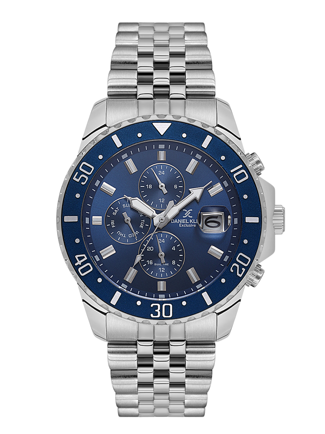 Daniel Klein Analog Dark Blue Round Dial Silver Case Silver Strap Quartz Water-Resistant Wrist Watch for Men Boys DK.1.14243-3