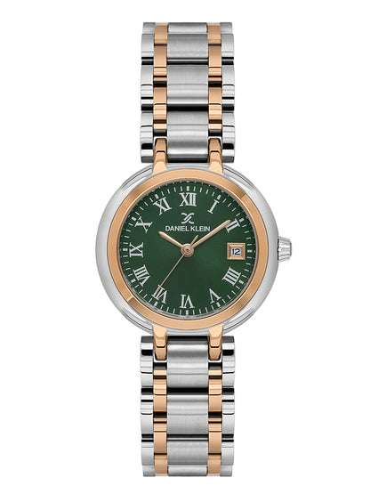 Daniel Klein Analog Dark Green Round Dial Silver and Rose Gold Case Silver and Rose Gold Strap Quartz Water-Resistant Wrist Watch for Women Girls, Ladies DK.1.14173-6