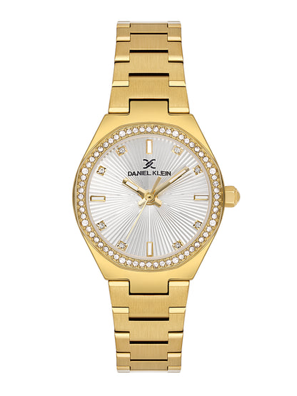 Daniel Klein Analog Silver Round Dial Gold Case Gold Strap Quartz Water-Resistant Wrist Watch for Women Girls, Ladies DK.1.14162-3