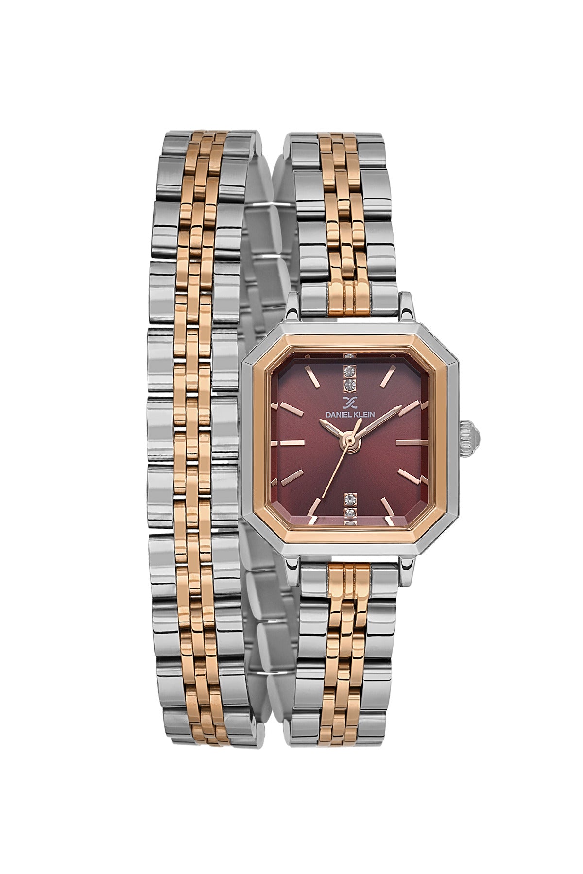 Daniel Klein Dark Red Dial Silver–Rose Gold Strap Women’s Analog Watch DK.1.14098-6