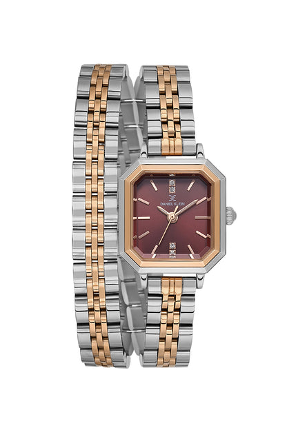 Daniel Klein Dark Red Dial Silver–Rose Gold Strap Women’s Analog Watch DK.1.14098-6