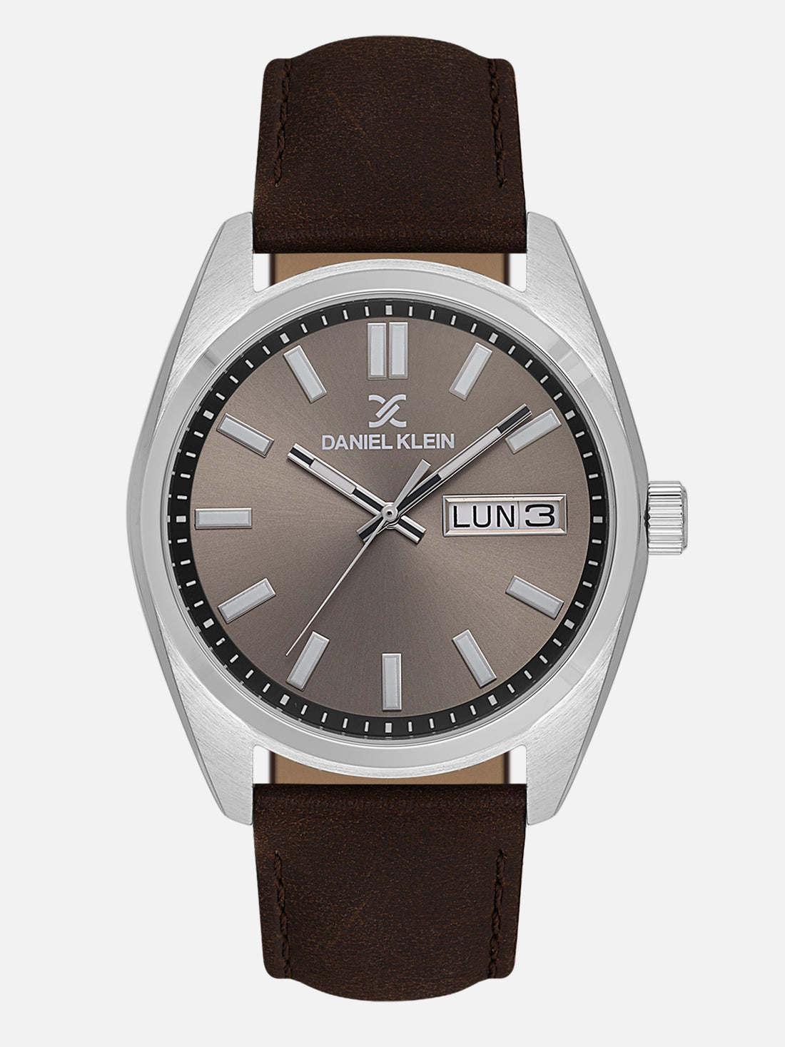 Daniel Klein Analog Warm Grey 9c Round Dial Silver Case D.Brown Strap Quartz Water-Resistant Wrist Watch for Men Boys DK.1.14196-5