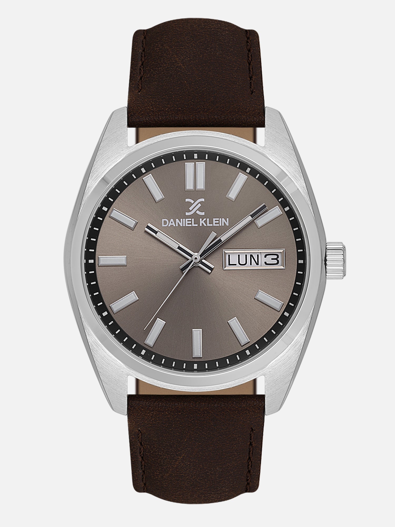 Daniel Klein Analog Warm Grey 9c Round Dial Silver Case D.Brown Strap Quartz Water-Resistant Wrist Watch for Men Boys DK.1.14196-5