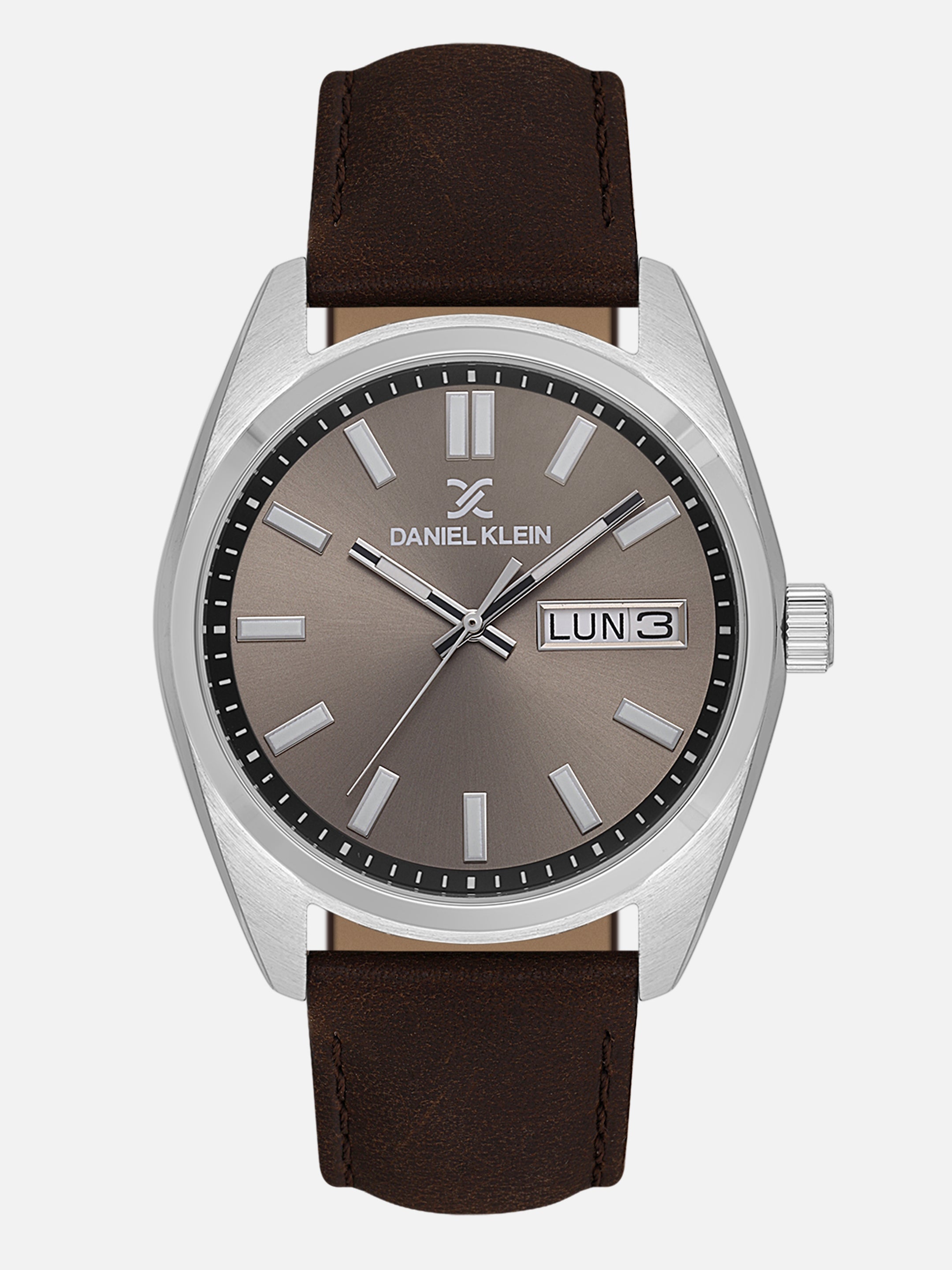 Daniel Klein Analog Warm Grey 9c Round Dial Silver Case D.Brown Strap Quartz Water-Resistant Wrist Watch for Men Boys DK.1.14196-5