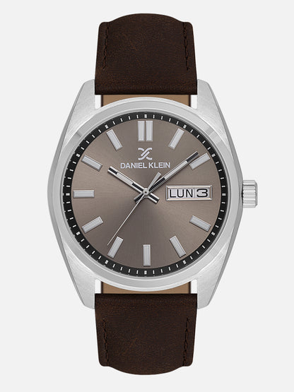 Daniel Klein Analog Warm Grey 9c Round Dial Silver Case D.Brown Strap Quartz Water-Resistant Wrist Watch for Men Boys DK.1.14196-5