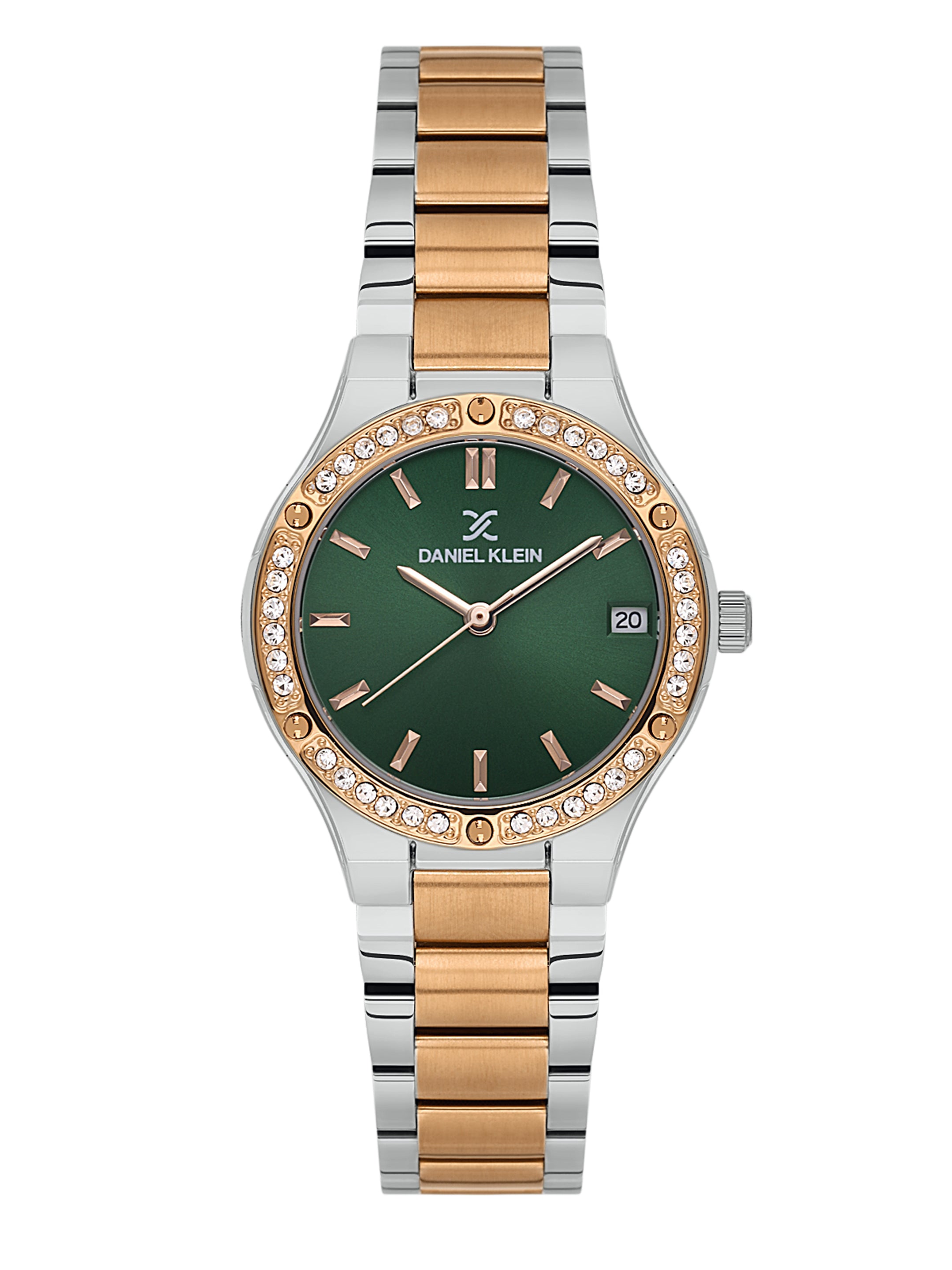 Daniel Klein Analog Dark Green Round Dial Silver and Rose Gold Case Silver and Rose Gold Strap Quartz Water-Resistant Wrist Watch for Women Girls, Ladies DK.1.14160-6